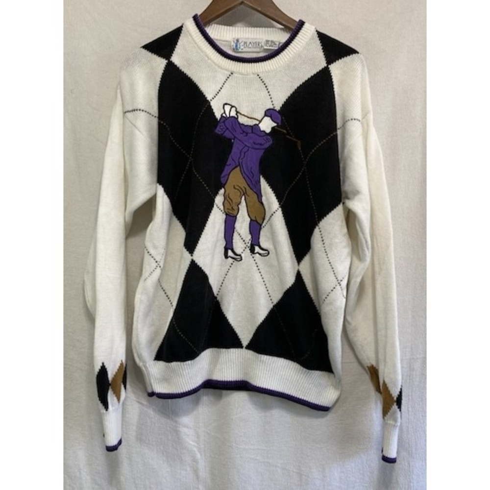 Players Van Heusen Mens XL Argyle Golf Sweater Ramie Cotton White Purple Vintage